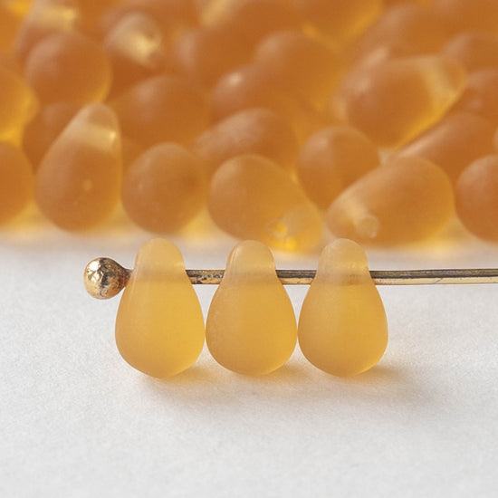 4x6mm Frosted Glass Teardrops - Amber Topaz - 100 Beads