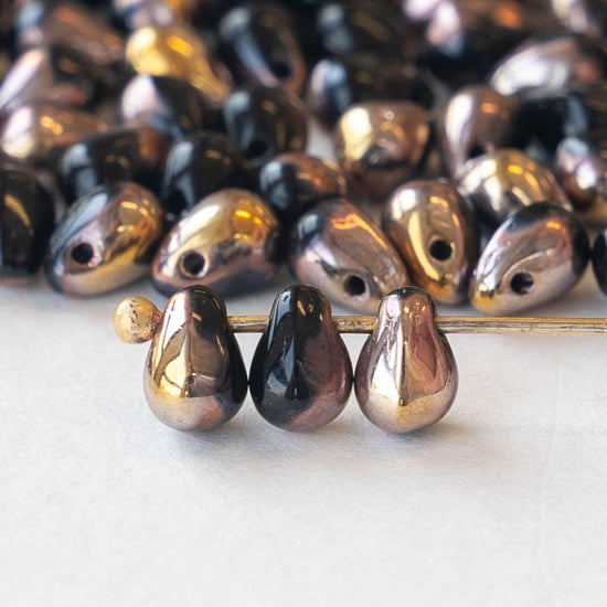 4x6mm Glass Teardrop Beads - Black with Gold - 100 Beads
