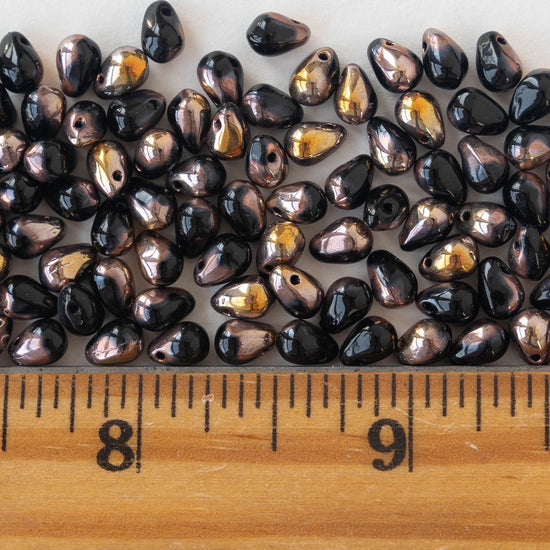 4x6mm Glass Teardrop Beads - Black with Gold - 100 Beads