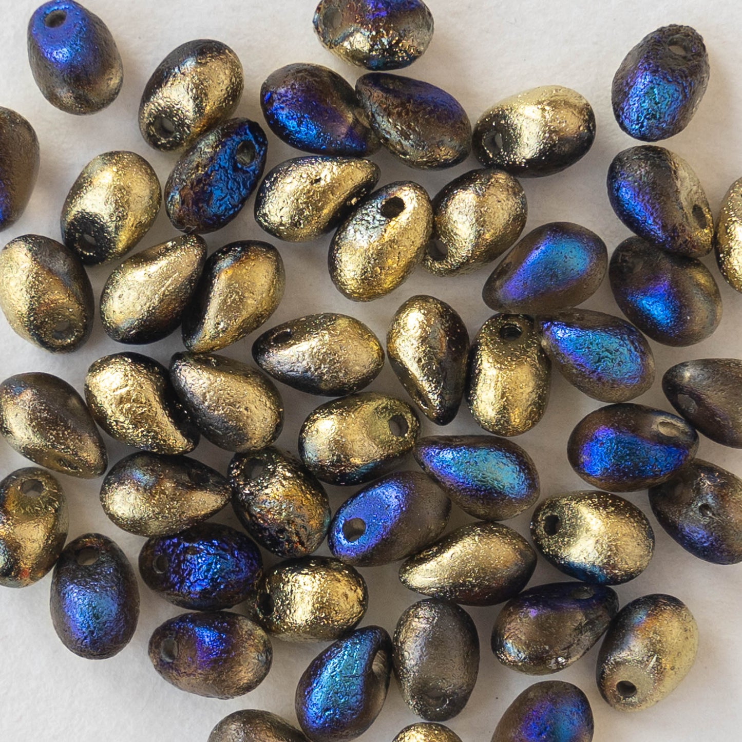 4x6mm Glass Teardrop Beads -  Blue and Gold Etched - 50 Beads