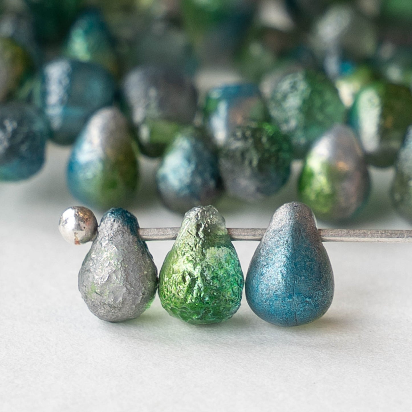 4x6mm Glass Teardrop Beads - Etched Aqua and Green - 50 beads