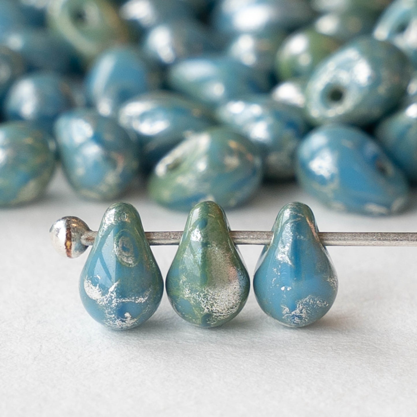 4x6mm Glass Teardrop Beads - Turquoise Blue with Silver Dust - 120 Beads