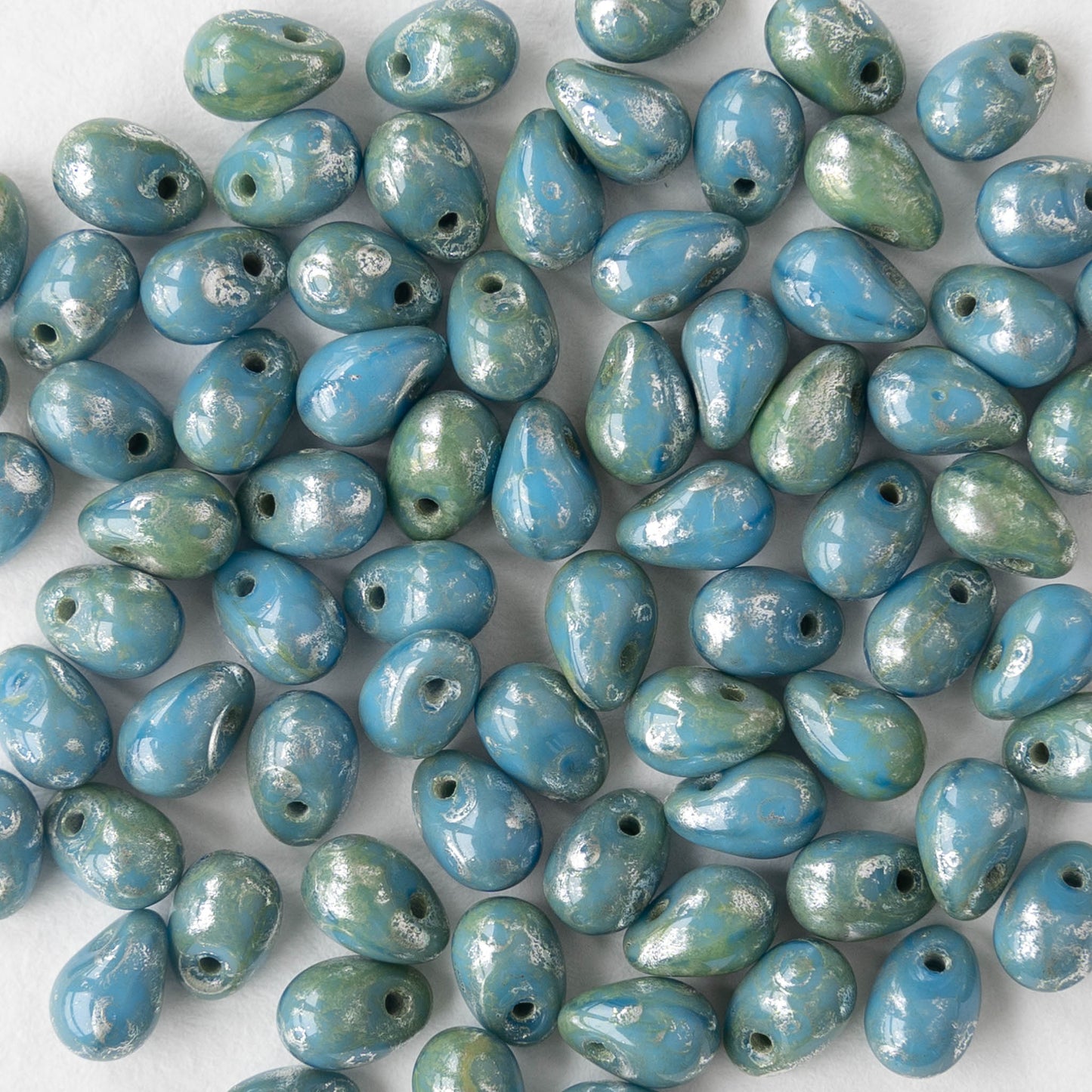 4x6mm Glass Teardrop Beads - Turquoise Blue with Silver Dust - 120 Beads