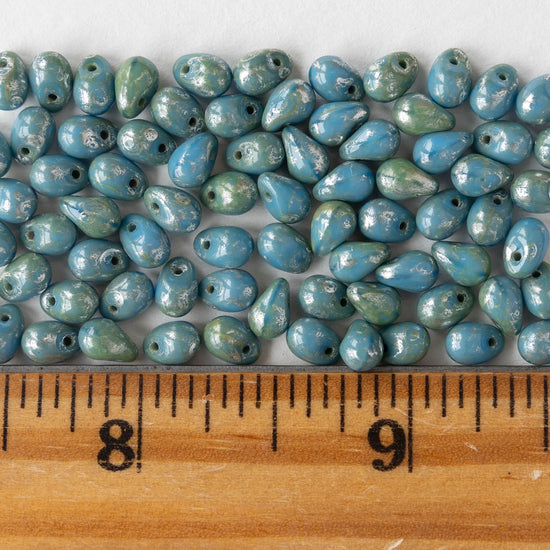 4x6mm Glass Teardrop Beads - Turquoise Blue with Silver Dust - 120 Beads