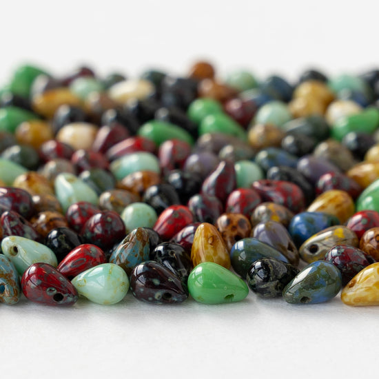 4x6mm Glass Teardrop Beads - Opaque Earthy Picasso Mix - 100 beads