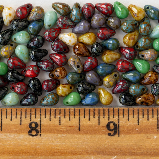 4x6mm Glass Teardrop Beads - Opaque Earthy Picasso Mix - 100 beads