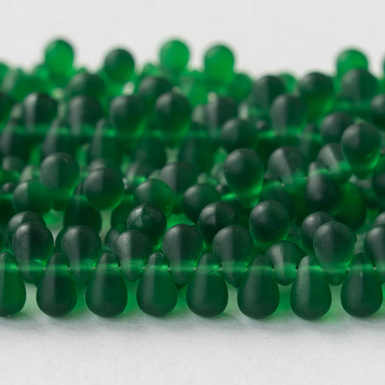 4x6mm Frosted Glass Teardrops - Emerald Green Matte - 100 Beads