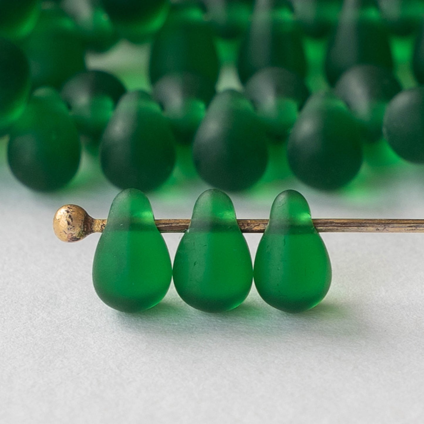 4x6mm Frosted Glass Teardrops - Emerald Green Matte - 100 Beads