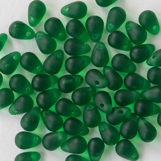 4x6mm Frosted Glass Teardrops - Emerald Green Matte - 100 Beads