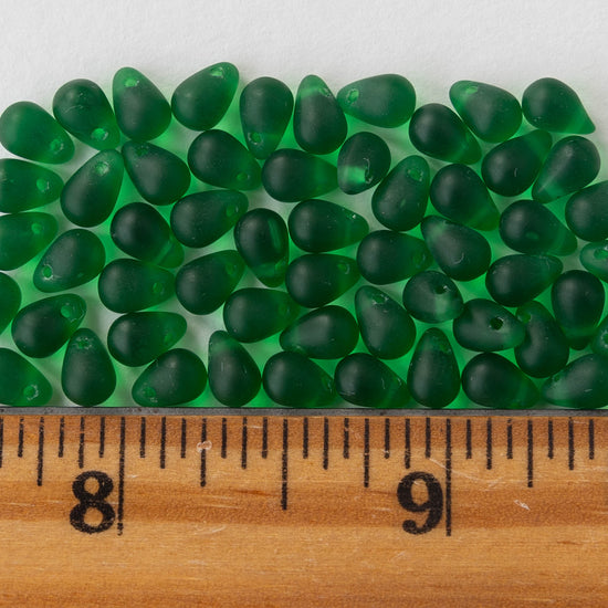 4x6mm Frosted Glass Teardrops - Emerald Green Matte - 100 Beads