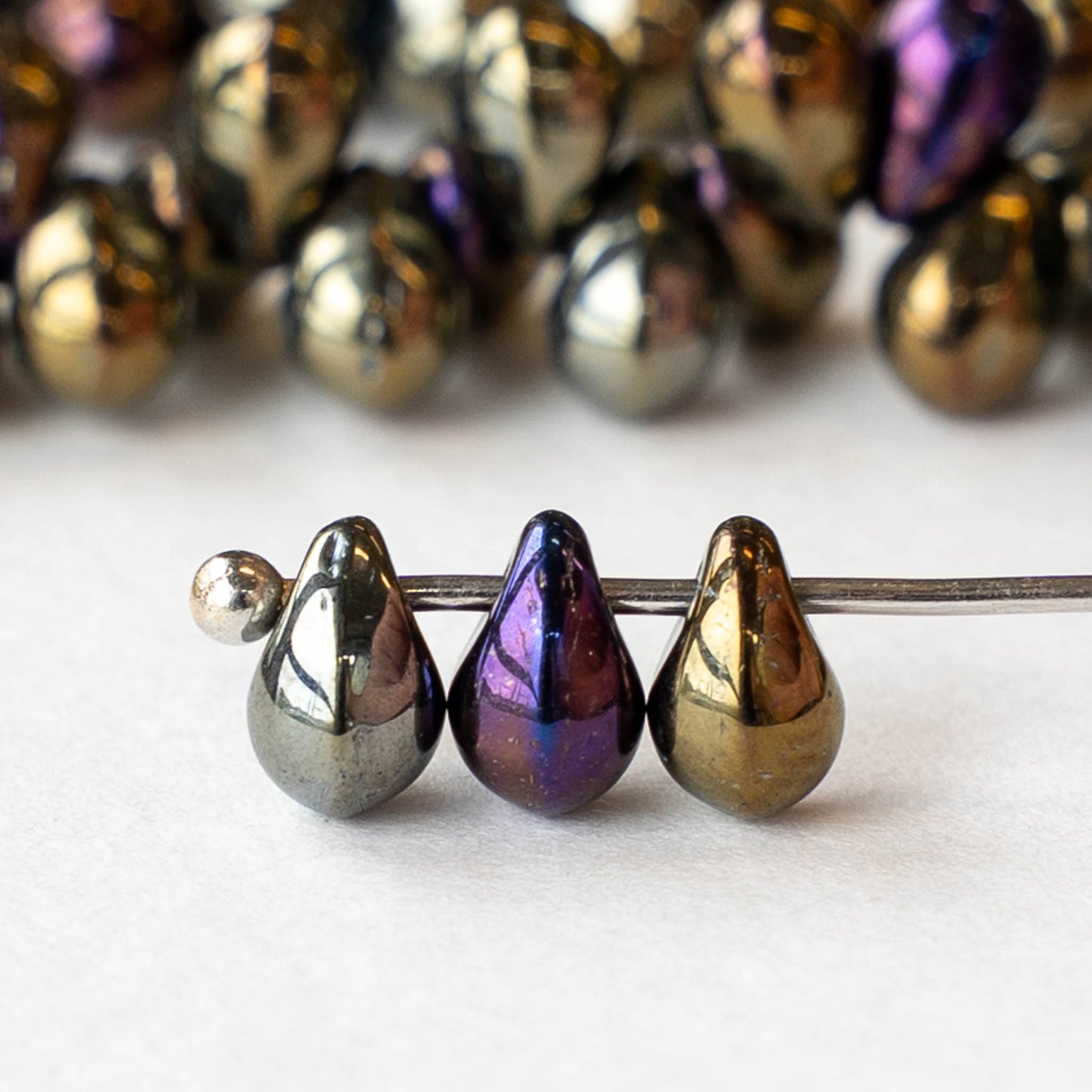 4x6mm Glass Teardrop Beads - Gold Silver Iris - 100 Beads