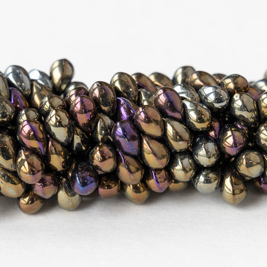 4x6mm Glass Teardrop Beads - Gold Silver Iris - 100 Beads