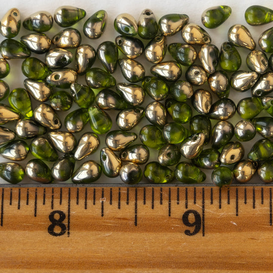 Load image into Gallery viewer, 6x4mm Glass Teardrop Beads - Peridot Green with Gold - 100 Beads
