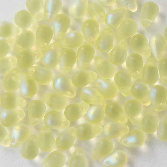 4x6mm Frosted Glass Teardrops - Jonquil Yellow AB - 100 Beads