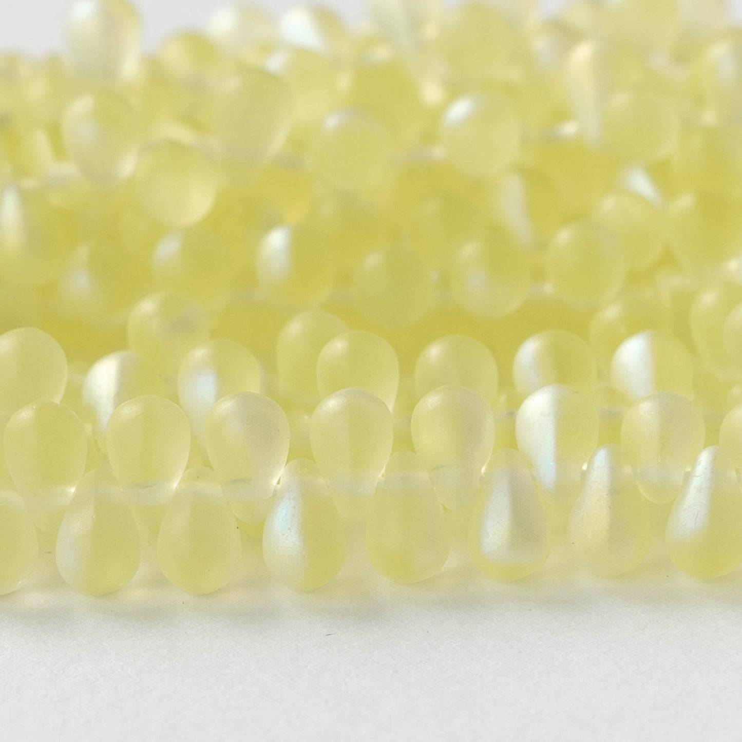 4x6mm Frosted Glass Teardrops - Jonquil Yellow AB - 100 Beads