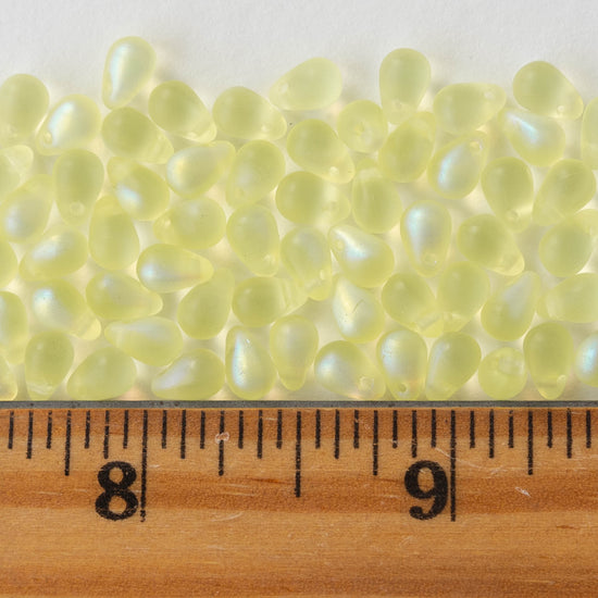 4x6mm Frosted Glass Teardrops - Jonquil Yellow AB - 100 Beads