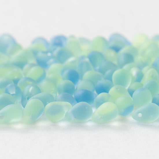 4x6mm Glass Teardrop Beads - Blue Green matte Mix - 120 Beads