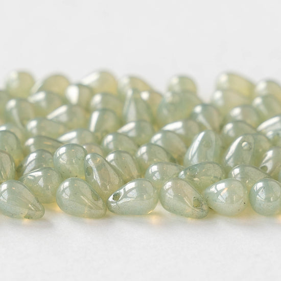 4x6mm Glass Teardrop Beads - Light Green Luster- 100 Beads