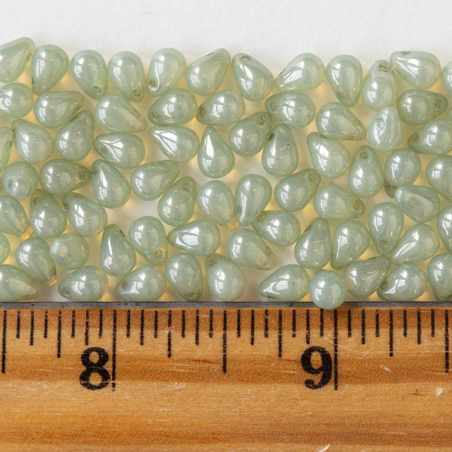 4x6mm Glass Teardrop Beads - Light Green Luster- 100 Beads