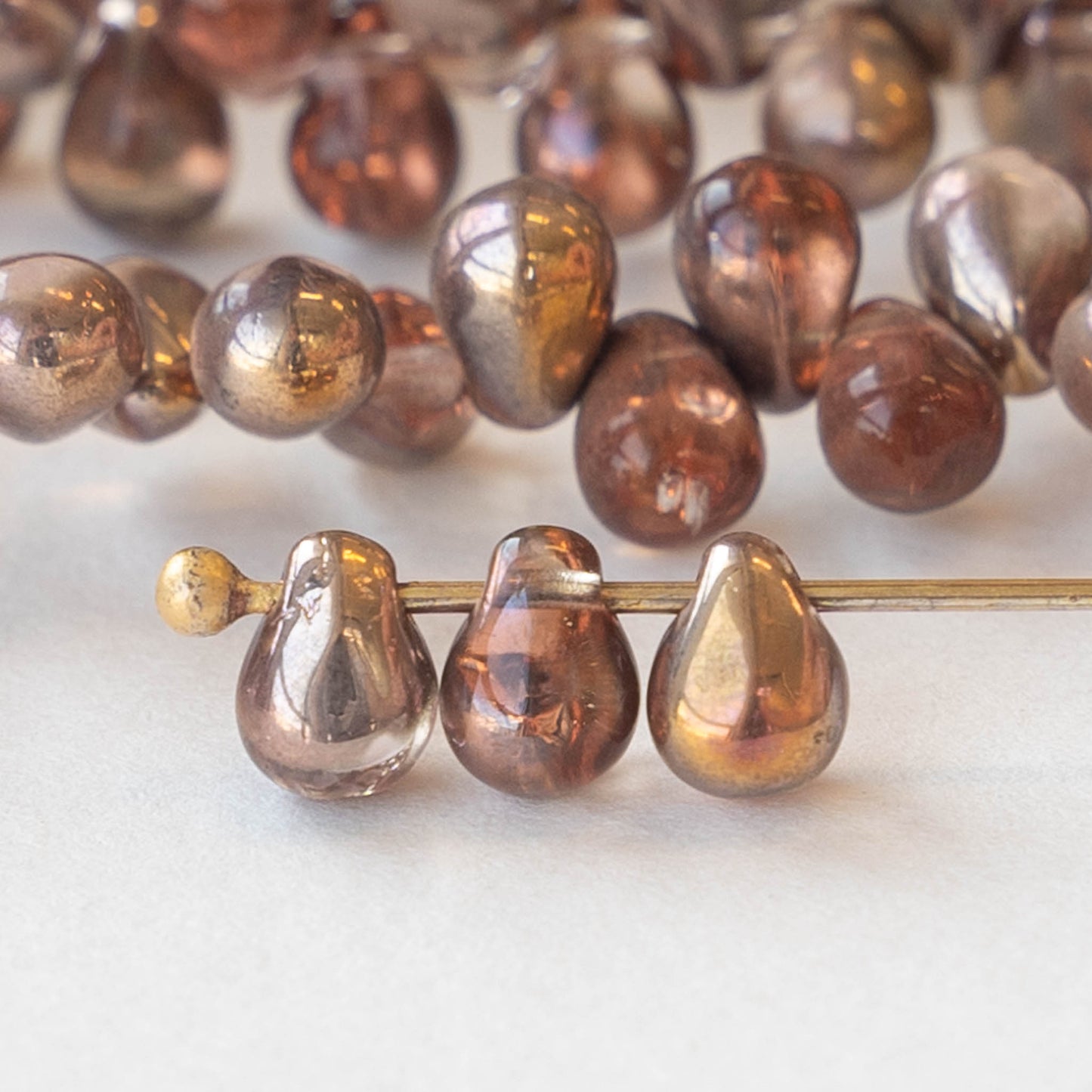 4x6mm Glass Teardrop Beads -  Light Pink with a Metallic Silvery Gold - 100 Beads