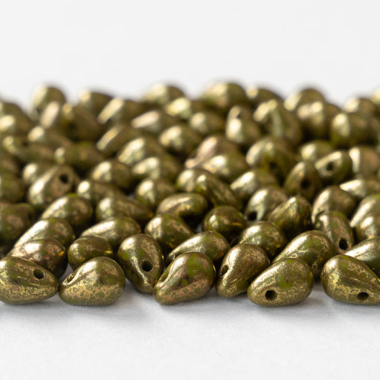 4x6mm Glass Teardrop Beads - Opaque Olive Green with Gold - 100