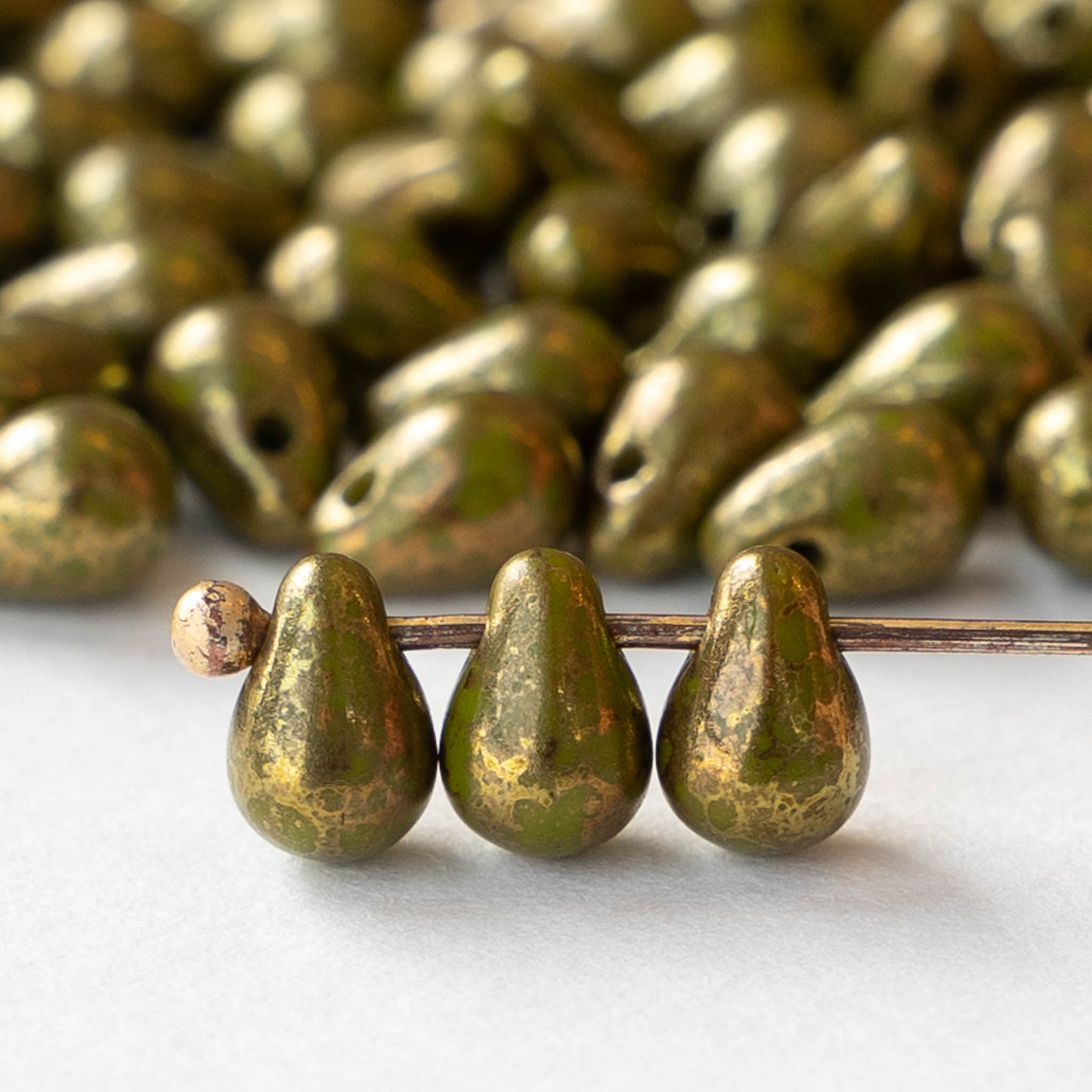 4x6mm Glass Teardrop Beads - Opaque Olive Green with Gold - 100