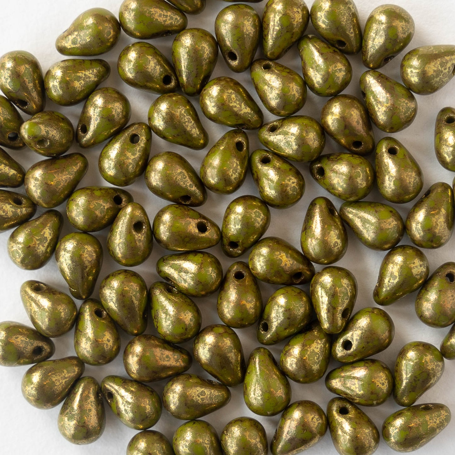 4x6mm Glass Teardrop Beads - Opaque Olive Green with Gold - 100