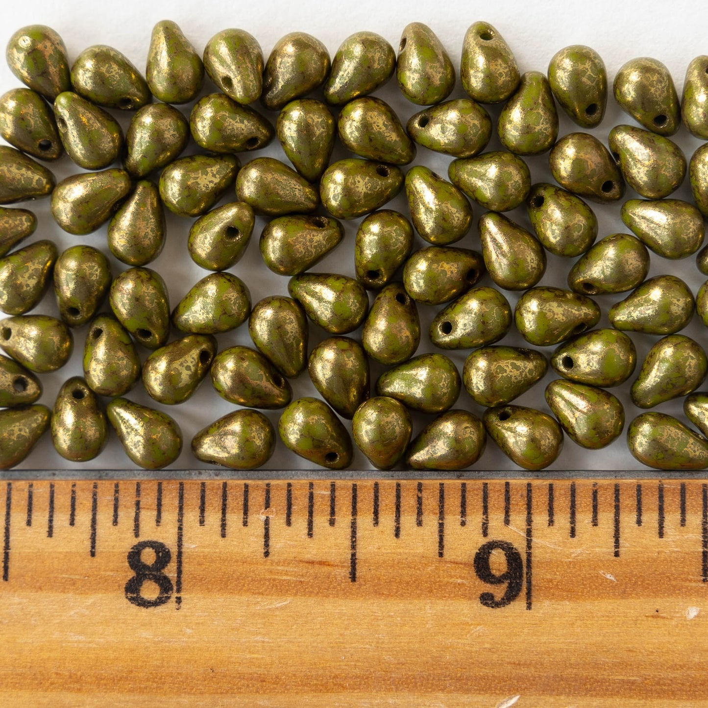 4x6mm Glass Teardrop Beads - Opaque Olive Green with Gold - 100