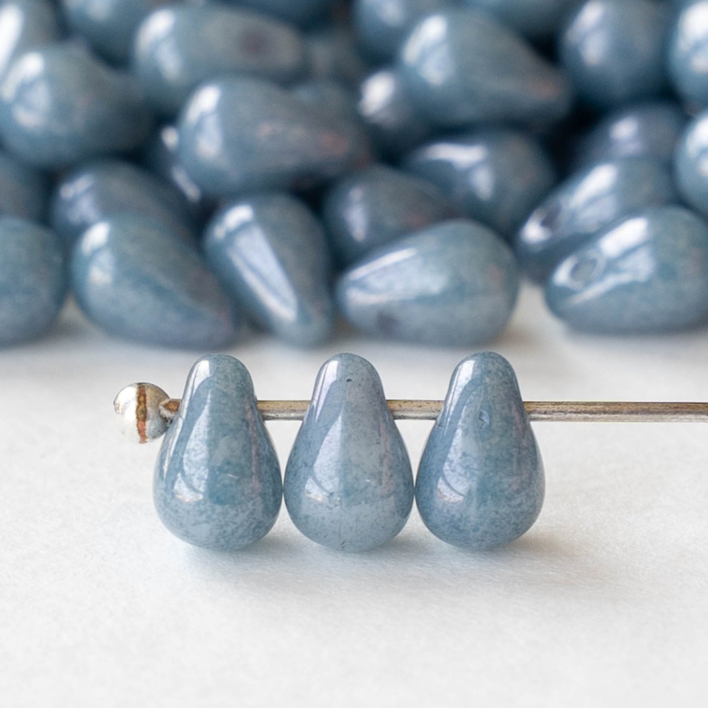 4x6mm Glass Teardrop Beads - Speckled Light Blue - 50 or 100 beads