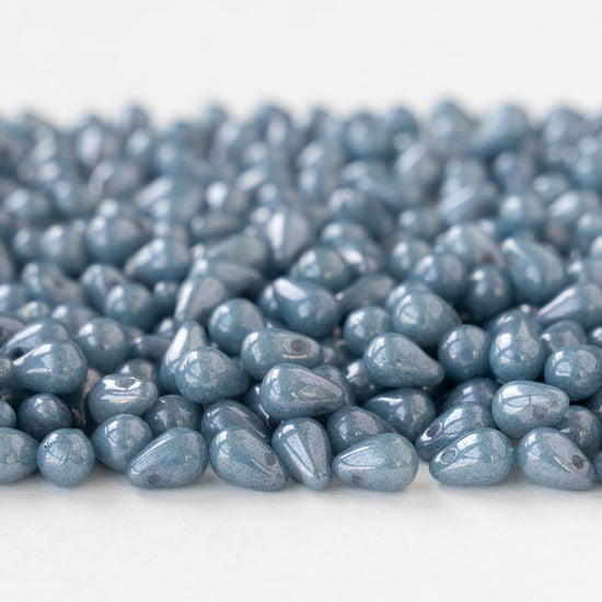 4x6mm Glass Teardrop Beads - Speckled Light Blue - 50 or 100 beads