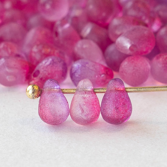 4x6mm Glass Teardrop Beads - Etched Fuchsia Crystal Mix ~ 100 beads