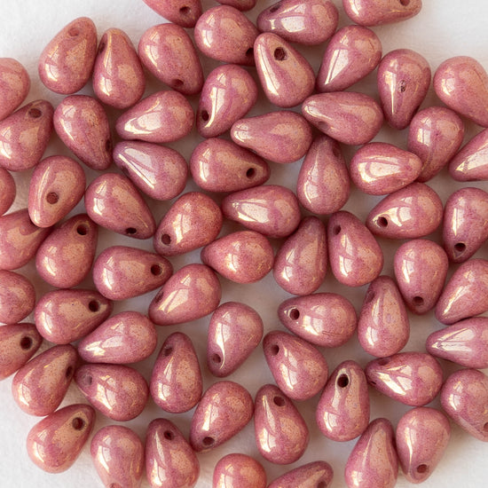 4x6mm Glass Teardrop Beads - Opaque Pink Luster - 50 Beads