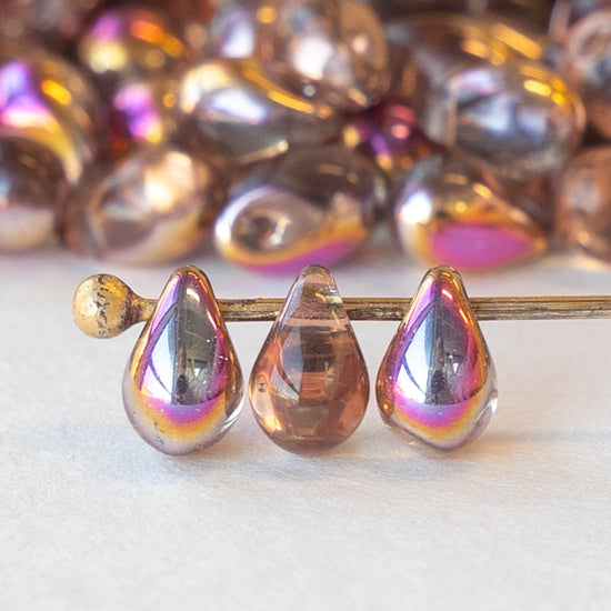 4x6mm Glass Teardrop Beads - Metallic Copper Rainbow Mix - 100 Beads