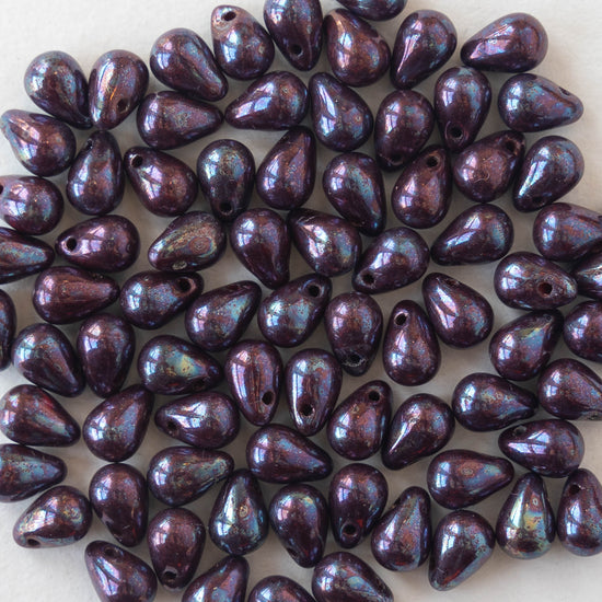 4x6mm Glass Teardrop Beads -  Deep Purple with a Blue Shine- 100 Beads