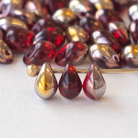 6x4mm Glass Teardrop Beads - Red with Gold - 100 Beads