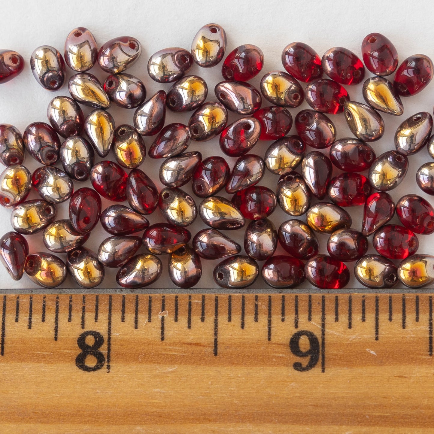 6x4mm Glass Teardrop Beads - Red with Gold - 100 Beads