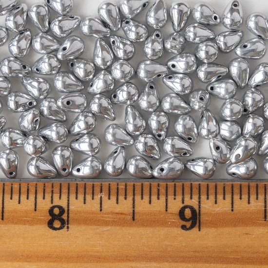 4x6mm Glass Teardrop Beads - Metallic Silver - 100 Beads