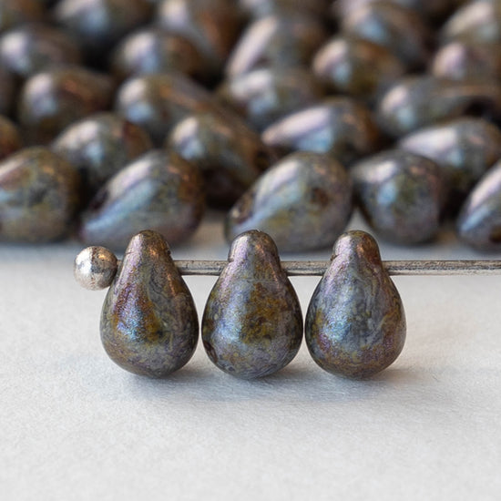 4x6mm Glass Teardrop Beads - Stone Picasso - 100 Beads