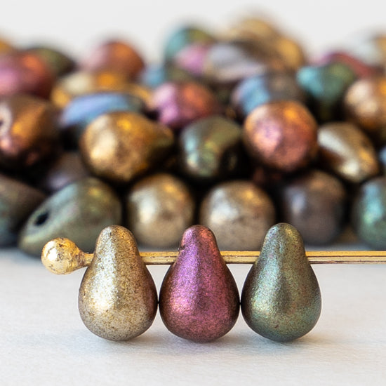 4x6mm Frosted Glass Teardrops - Metallic Gold Iris Matte - 100 Beads