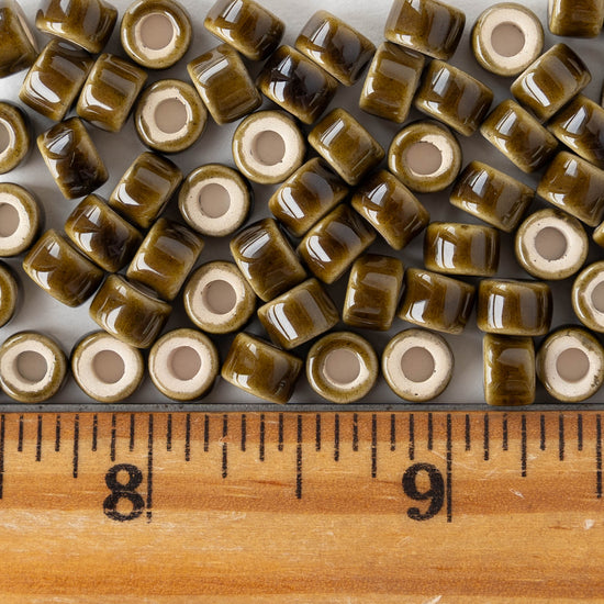 4x6mm Glazed Ceramic Tube Beads - Olive - 10 or 30 beads