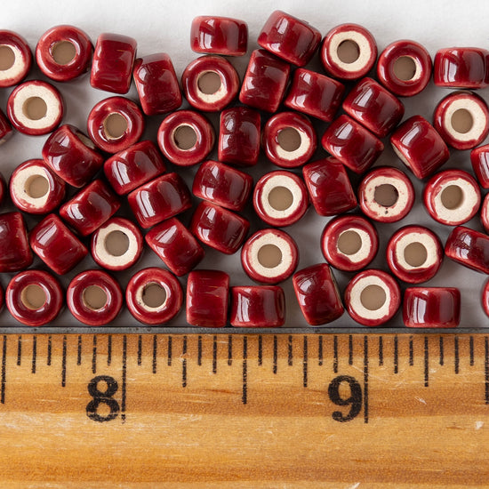 4x6mm Glazed Ceramic Tube Beads - Red - 10 or 30 beads