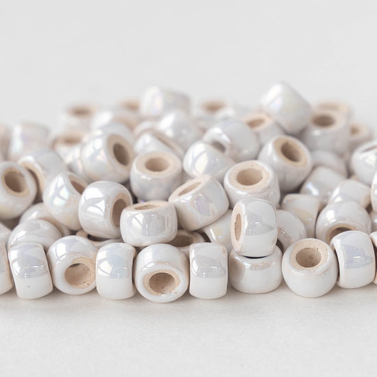4x6mm Glazed Ceramic Tube Beads - Iridescent Ivory Opal - 10 or 30