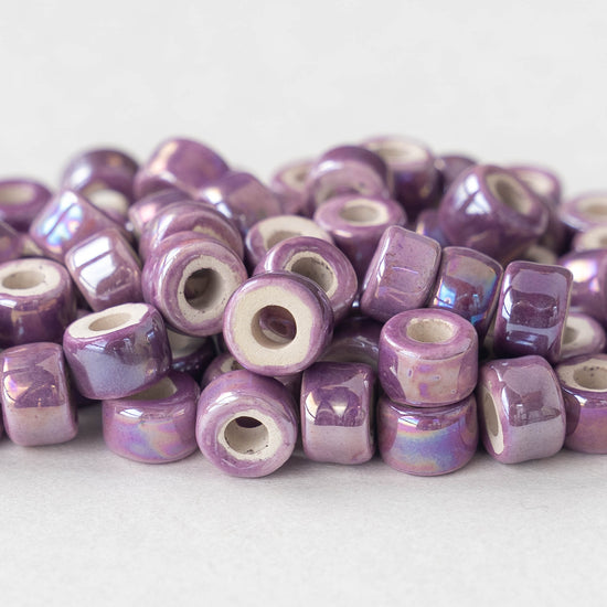 4x6mm Glazed Ceramic Tube Beads - Iridescent Purple Passion - 10 or 30