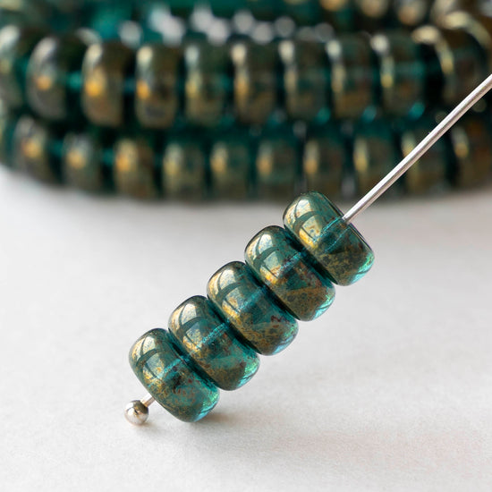 4x8mm Glass Heishi Beads - Emerald Gold Luster - 10 or 20 beads