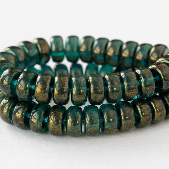 4x8mm Glass Heishi Beads - Emerald Gold Luster - 10 or 20 beads