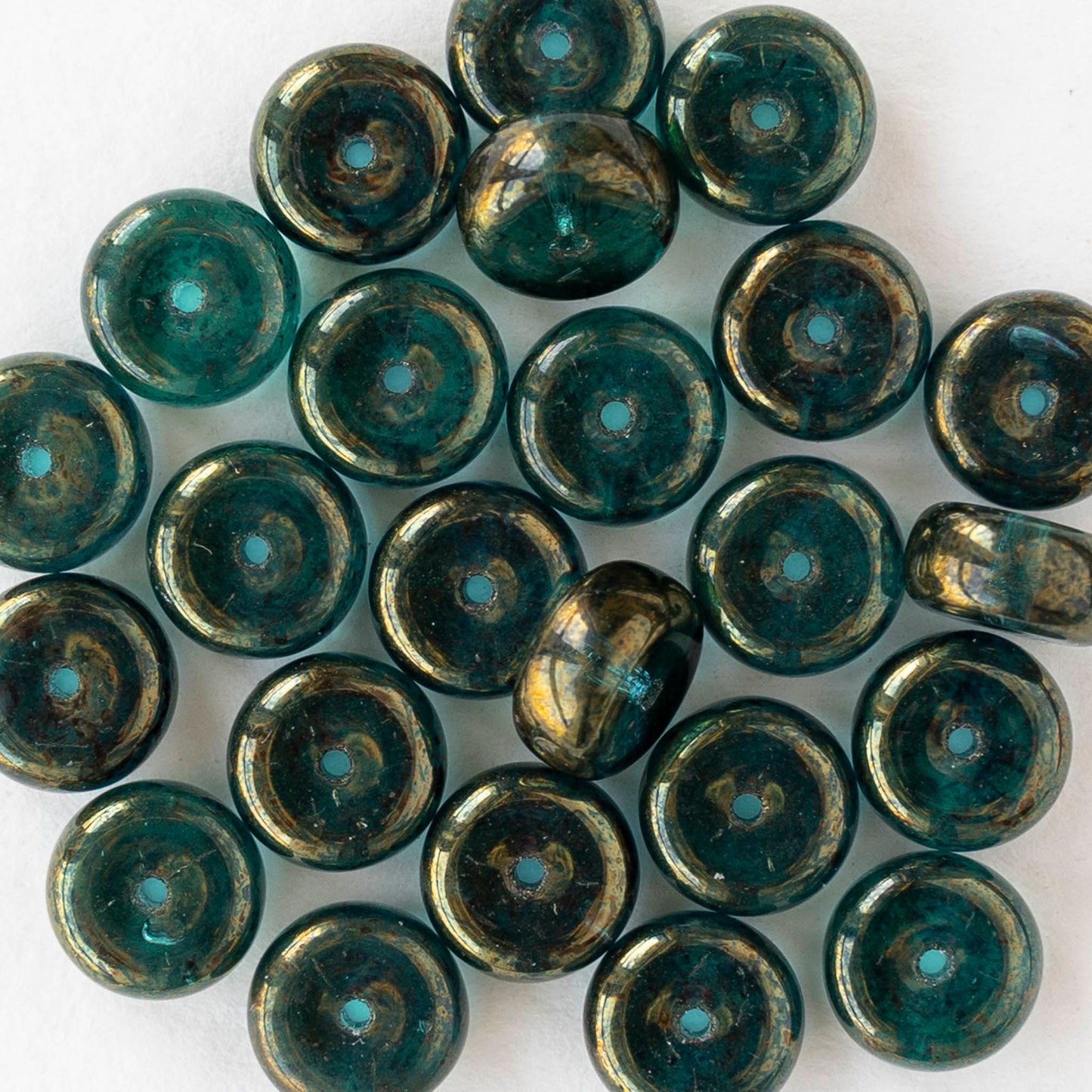 4x8mm Glass Heishi Beads - Emerald Gold Luster - 10 or 20 beads