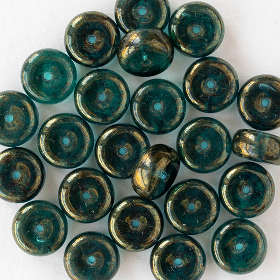 4x8mm Glass Heishi Beads - Emerald Gold Luster - 10 or 20 beads