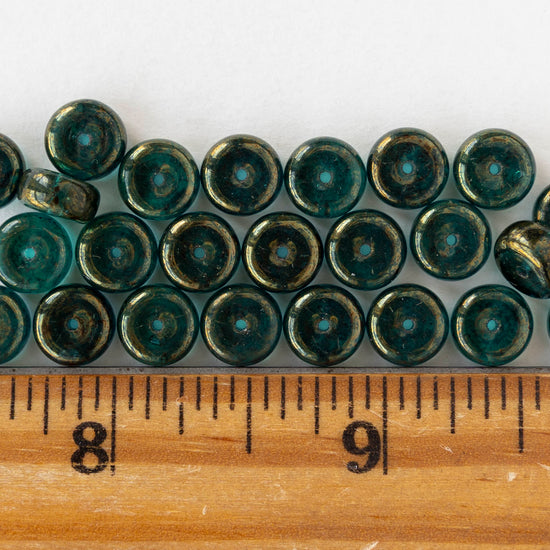 4x8mm Glass Heishi Beads - Emerald Gold Luster - 10 or 20 beads