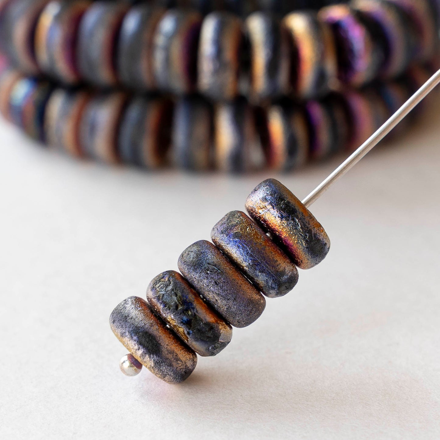 4x8mm Glass Heishi Beads - Etched Black Metallic Volcano - 10 or 20 beads
