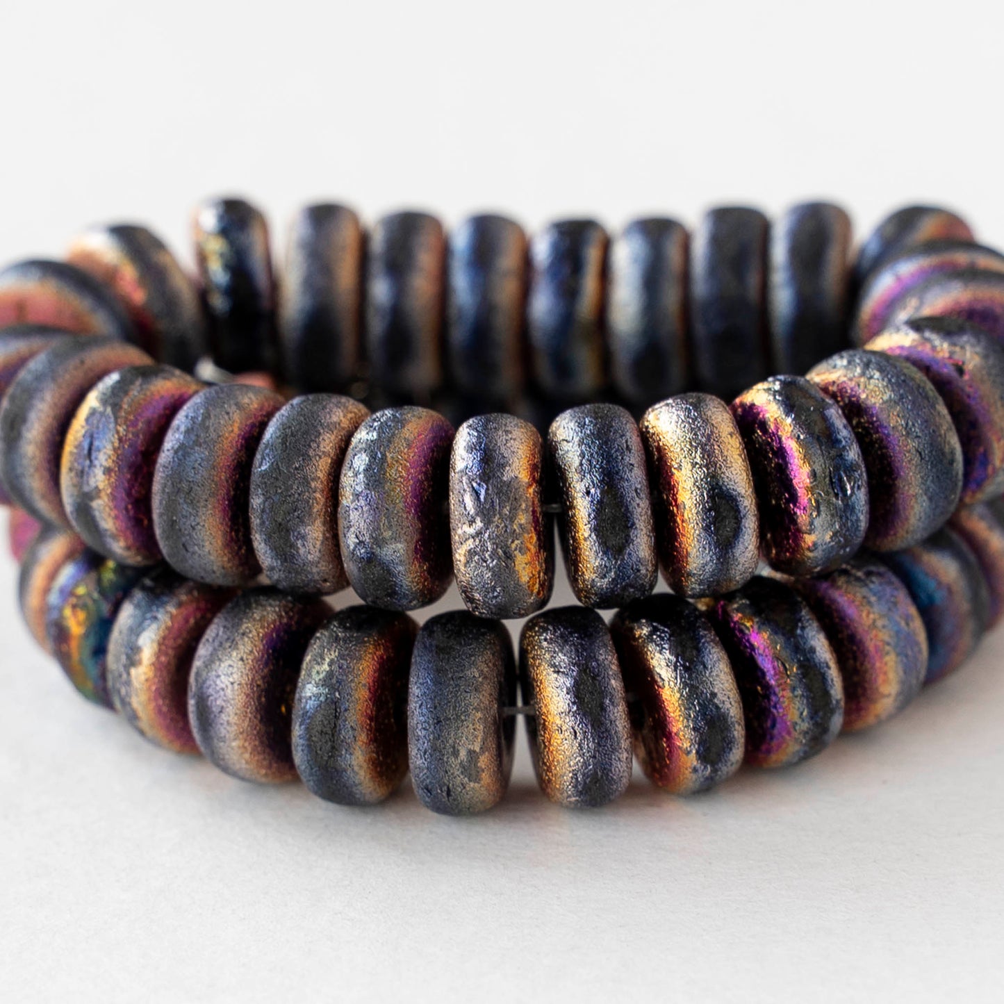 4x8mm Glass Heishi Beads - Etched Black Metallic Volcano - 10 or 20 beads